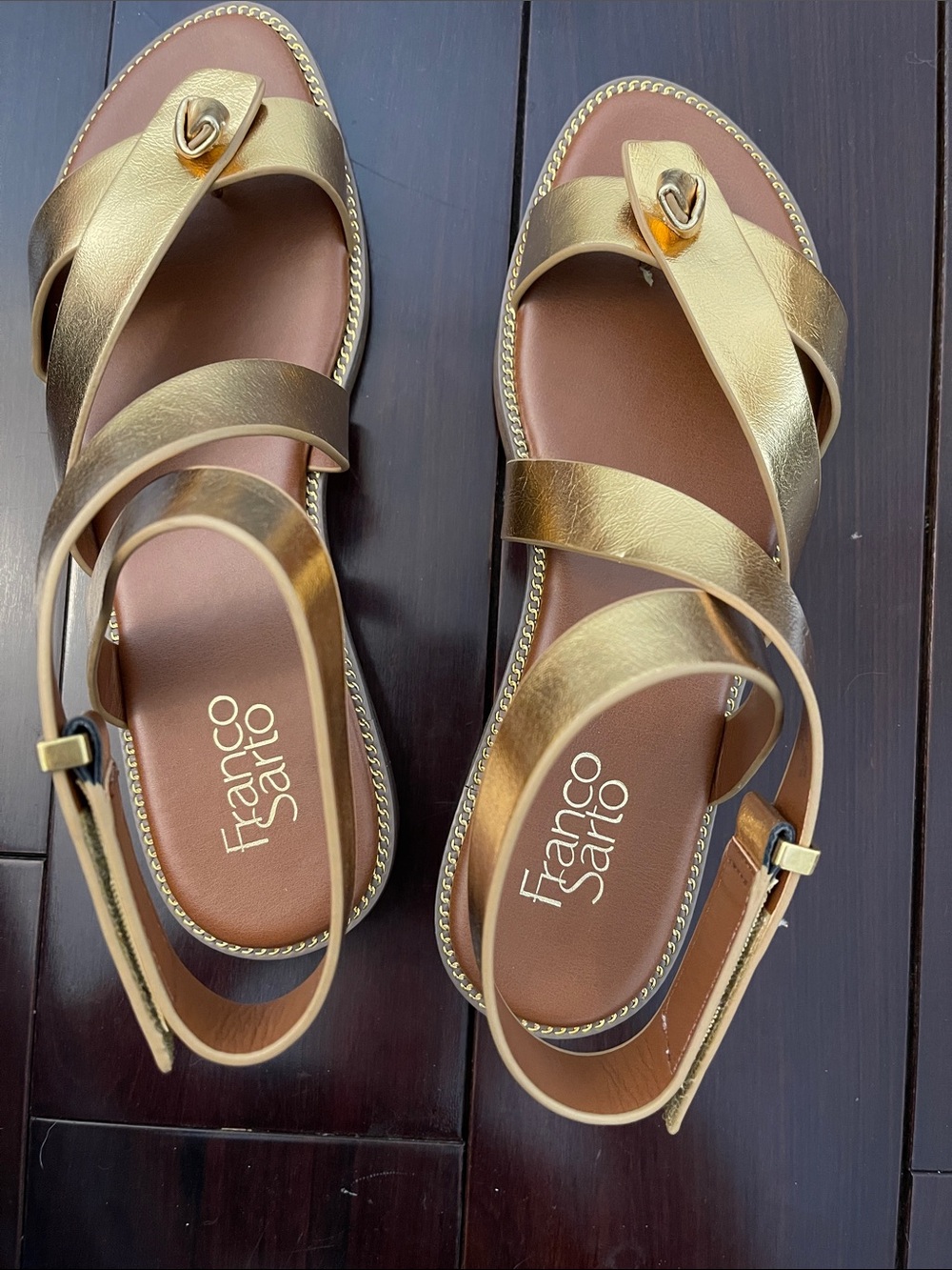 Franco Sarto Metallic Gold Cross-Strap Ankle Sandal - Picture 7 of 7